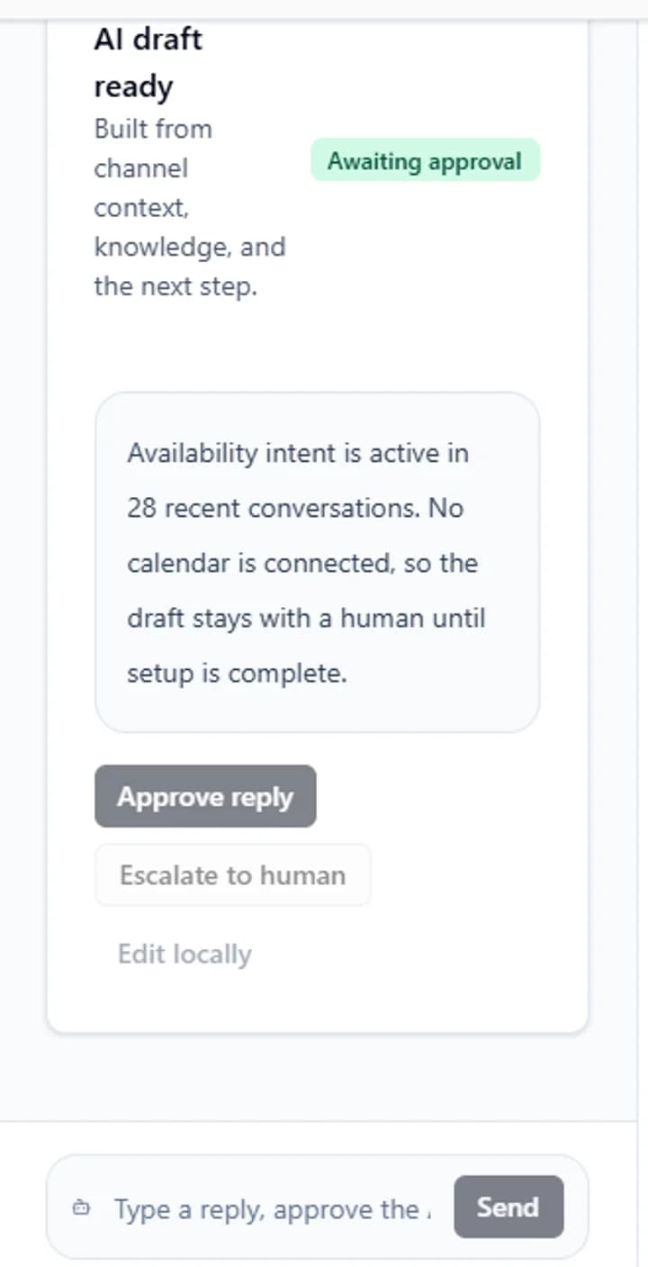 The AI draft ready card inside Instant Reply with three buttons: Approve reply, Escalate to human, and Edit locally