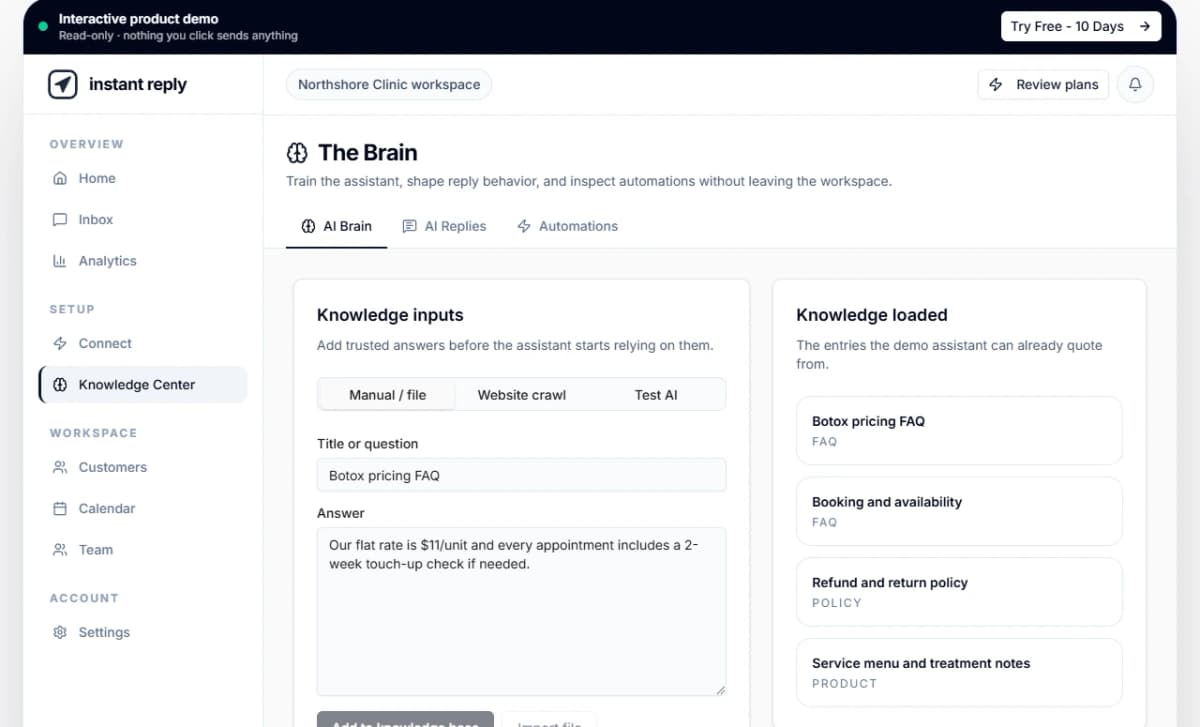 Instant Reply Knowledge Center showing a Botox pricing FAQ entry with a flat $11/unit rate, next to four loaded knowledge entries: Botox pricing FAQ, Booking and availability, Refund and return policy, and Service menu and treatment notes