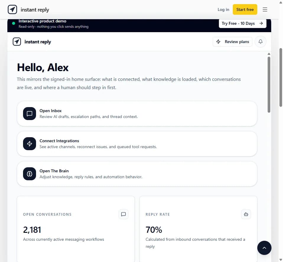 Instant Reply home screen with Open Inbox, Connect Integrations, and Open The Brain, plus live demo stats: 2,181 open conversations and 70% reply rate