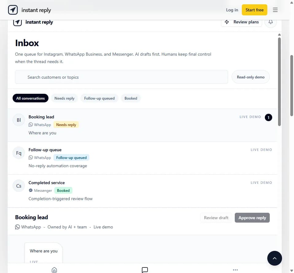Instant Reply inbox showing conversation cards labeled Needs reply, Follow-up queued, and Booked, with Review draft and Approve reply buttons