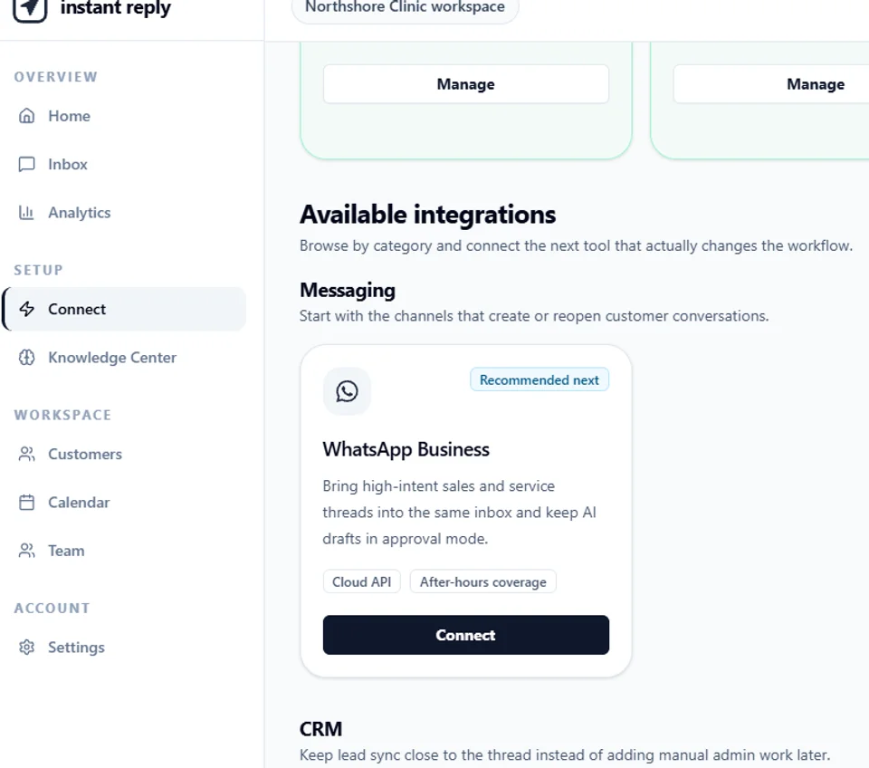 The WhatsApp Business connect card inside Instant Reply's live public demo, showing a Recommended next badge, Cloud API and After-hours coverage tags, and a Connect button